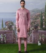 Pink embroidered chanderi silk kurta pajama