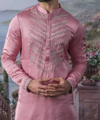 Pink embroidered chanderi silk kurta pajama 2
