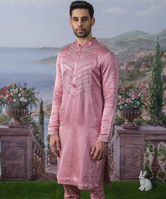 Pink embroidered chanderi silk kurta pajama 3