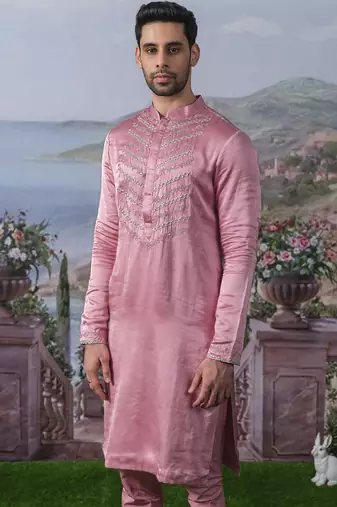 Pink embroidered chanderi silk kurta pajama