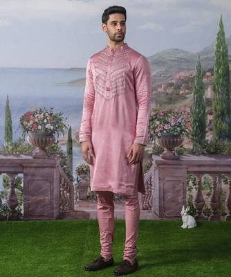 Pink embroidered chanderi silk kurta pajama 4