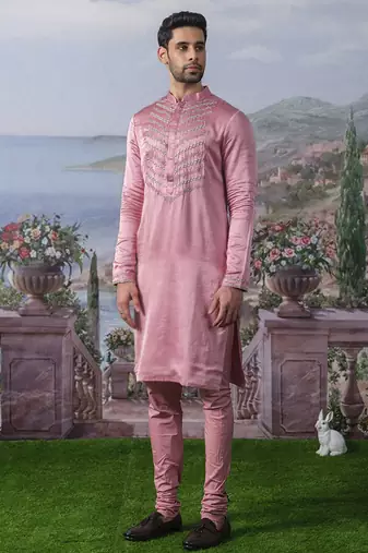 Pink embroidered chanderi silk kurta pajama