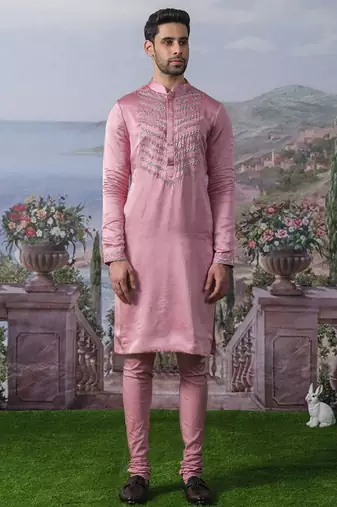 Pink embroidered chanderi silk kurta pajama