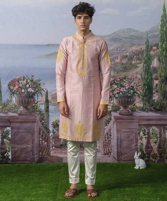 Pink embroidered chanderi silk kurta pajama 1
