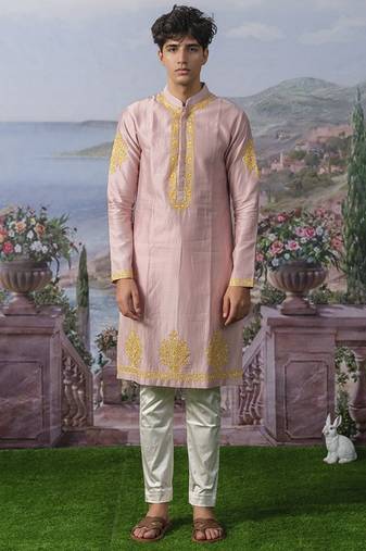 Pink embroidered chanderi silk kurta pajama