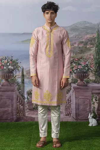 Pink embroidered chanderi silk kurta pajama