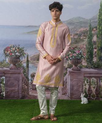 Pink embroidered chanderi silk kurta pajama 2