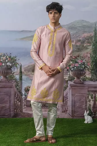 Pink embroidered chanderi silk kurta pajama