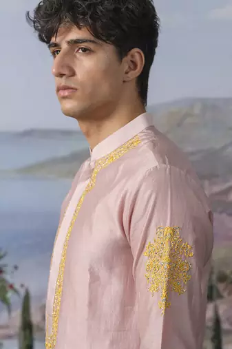 Pink embroidered chanderi silk kurta pajama