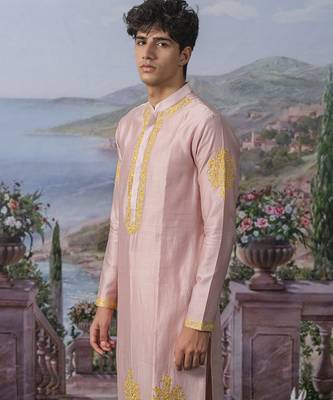 Pink embroidered chanderi silk kurta pajama 5
