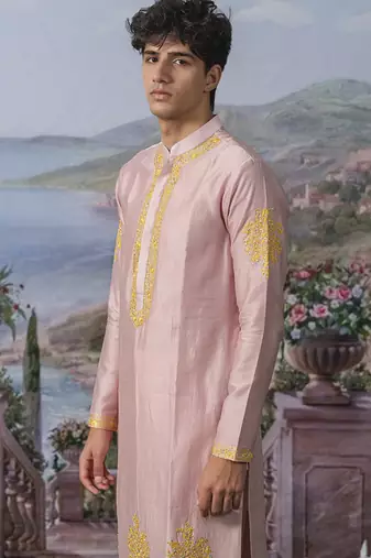 Pink embroidered chanderi silk kurta pajama