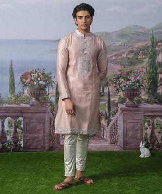 Pink embroidered chanderi silk kurta pajama 1