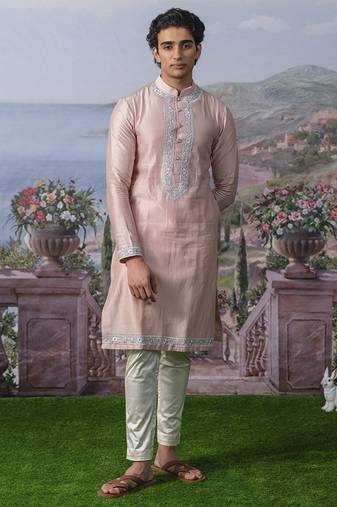 Pink embroidered chanderi silk kurta pajama