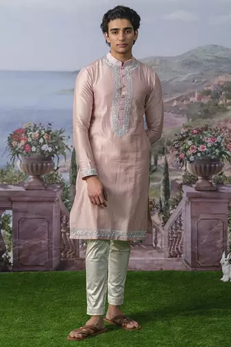 Pink embroidered chanderi silk kurta pajama
