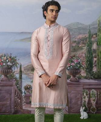 Pink embroidered chanderi silk kurta pajama 2