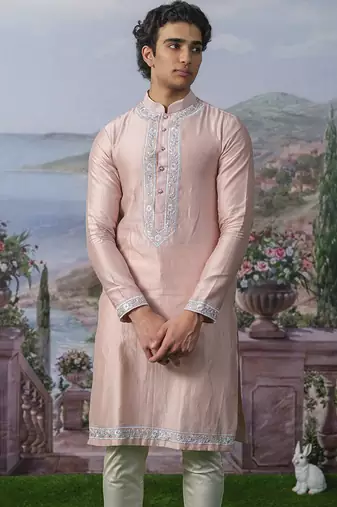 Pink embroidered chanderi silk kurta pajama