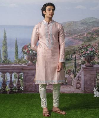 Pink embroidered chanderi silk kurta pajama 3