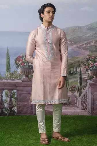 Pink embroidered chanderi silk kurta pajama