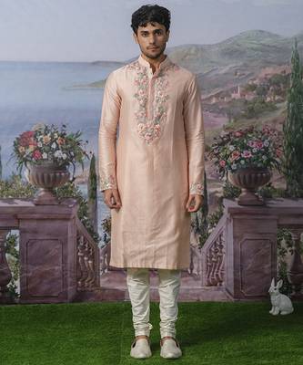 Orange embroidered chanderi silk kurta pajama 1