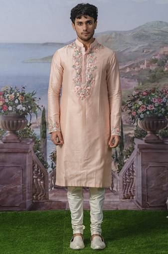 Orange embroidered chanderi silk kurta pajama