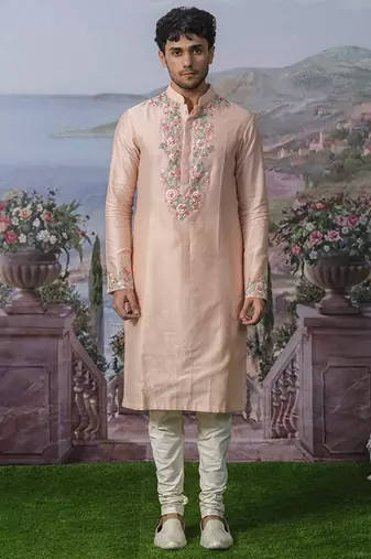 Orange embroidered chanderi silk kurta pajama