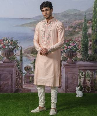 Orange embroidered chanderi silk kurta pajama 2