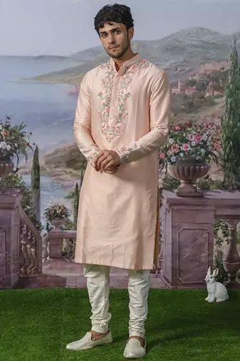 Orange embroidered chanderi silk kurta pajama
