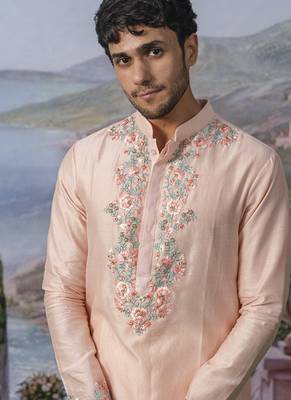 Orange embroidered chanderi silk kurta pajama 3