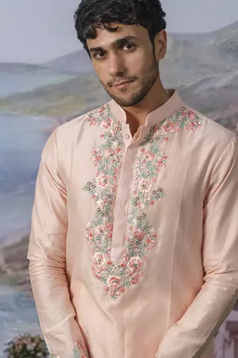 Orange embroidered chanderi silk kurta pajama