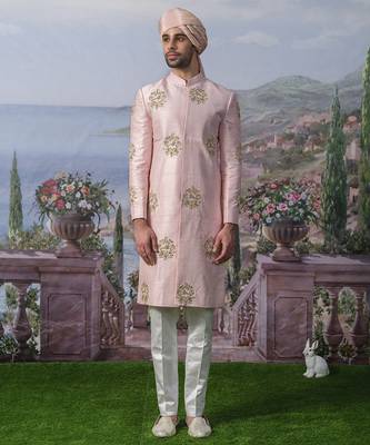 Pink embroidered chanderi silk kurta pajama 1
