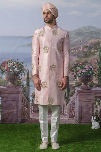 Pink embroidered chanderi silk kurta pajama