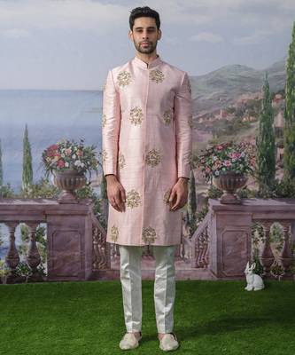 Pink embroidered chanderi silk kurta pajama 2