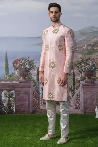 Pink embroidered chanderi silk kurta pajama