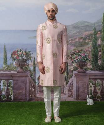 Pink embroidered chanderi silk kurta pajama 4