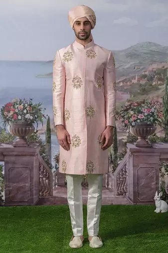 Pink embroidered chanderi silk kurta pajama