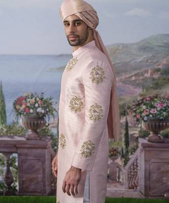 Pink embroidered chanderi silk kurta pajama 5