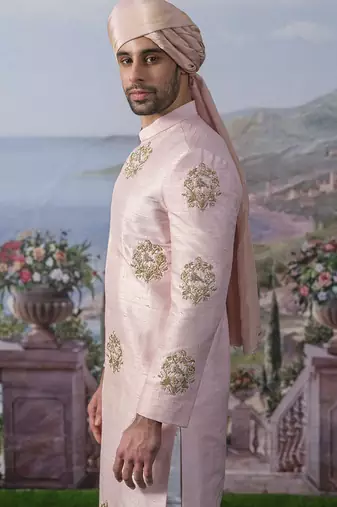 Pink embroidered chanderi silk kurta pajama