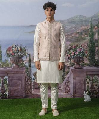Pink embroidered chanderi silk nehru jacket paired with plain kurta pajama 1
