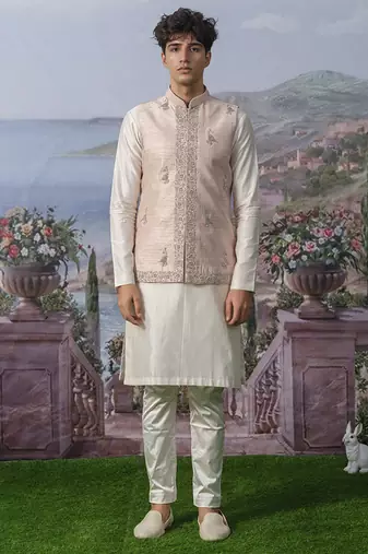 Pink embroidered chanderi silk nehru jacket paired with plain kurta pajama