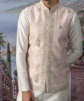 Pink embroidered chanderi silk nehru jacket paired with plain kurta pajama 2