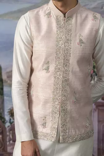 Pink embroidered chanderi silk nehru jacket paired with plain kurta pajama