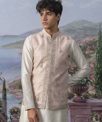 Pink embroidered chanderi silk nehru jacket paired with plain kurta pajama 3