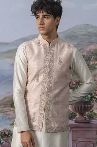 Pink embroidered chanderi silk nehru jacket paired with plain kurta pajama