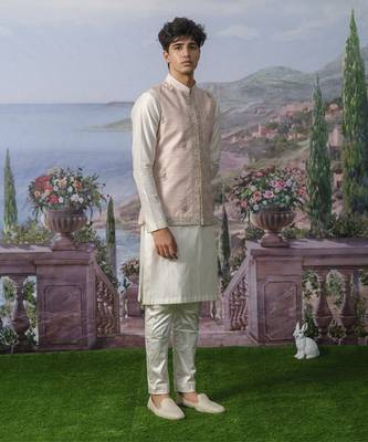 Pink embroidered chanderi silk nehru jacket paired with plain kurta pajama 4