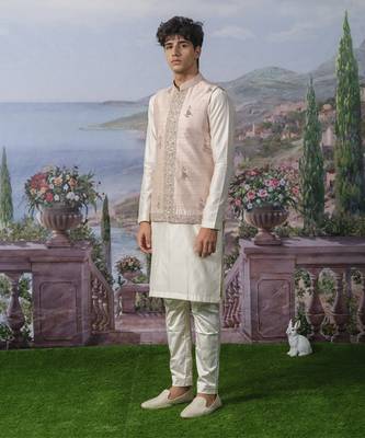 Pink embroidered chanderi silk nehru jacket paired with plain kurta pajama 5