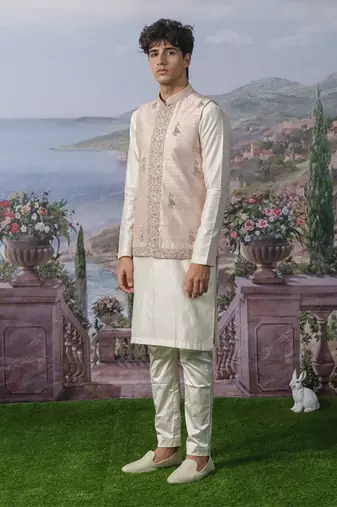 Pink embroidered chanderi silk nehru jacket paired with plain kurta pajama