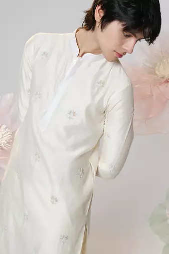 White woven cotton kurta pajama