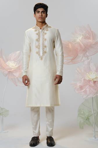 White woven cotton kurta pajama