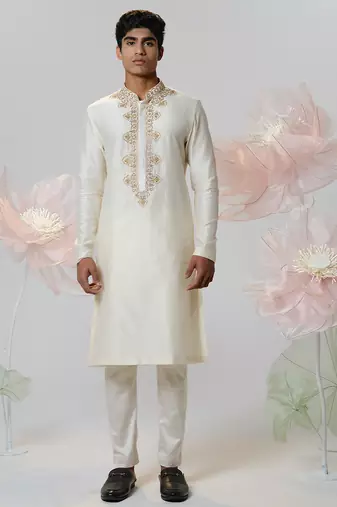 White woven cotton kurta pajama