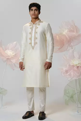White woven cotton kurta pajama